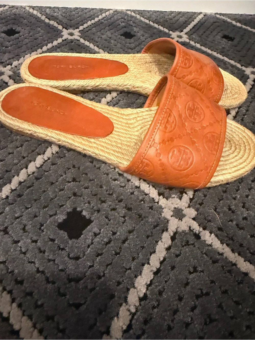 Tory Burch Tan Embossed Leather Slide Sandals with Rope Footbed